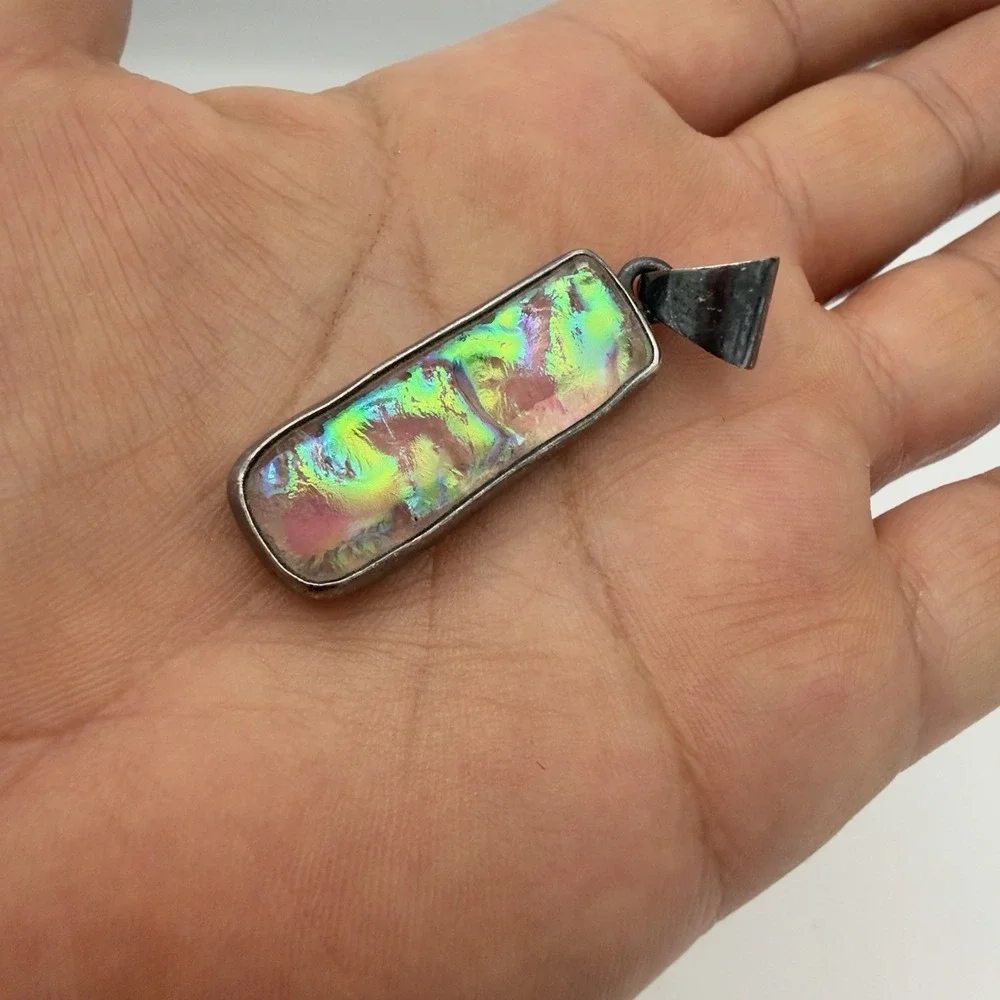 Vtg Charles Albert Opalacence Dichroic Art Glass  Pendant Fine Streling Modernis